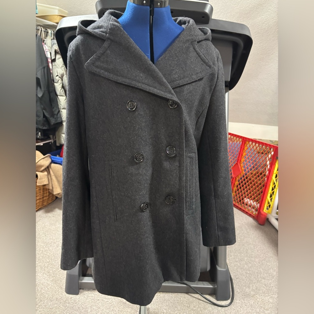 Covington women’s car length coat, grey wool blend, double breasted with hood